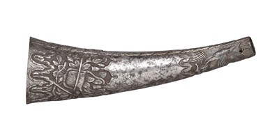 Lot 416 - A RARE IRON POWDER-FLASK