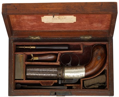 Lot 430 - A CASED 120 BORE SIX-SHOT PERCUSSION PEPPERBOX REVOLVER BY I. BEATTIE