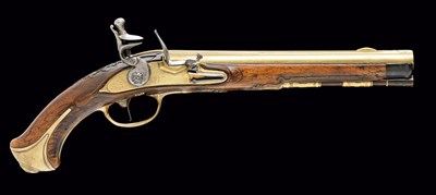 Lot 438 - A 20 BORE FLINTLOCK HOLSTER PISTOL