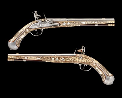Lot 440 - **A FINE PAIR OF 38 BORE SILESIAN FLINTLOCK HOLSTER PISTOLS