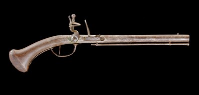 Lot 441 - A NORTH EUROPEAN FLINTLOCK HOLSTER PISTOL FORMED ENTIRELY OF STEEL