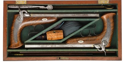 Lot 442 - **AN UNUSUAL PAIR OF 50 BORE WESTPHALIAN RIFLED PERCUSSION TARGET PISTOLS BY F. TEUTENBERG IN HÃœSTEN