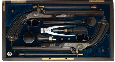 Lot 443 - A CASED PAIR OF 40 BORE CONTINENTAL RIFLED PERCUSSION TARGET PISTOLS