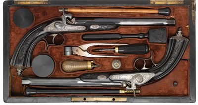 Lot 444 - A CASED PAIR OF 40 BORE CONTINENTAL PERCUSSION RIFLED TARGET PISTOLS