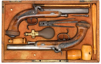 Lot 445 - A CASED PAIR OF .650 CALIBRE FRENCH PERCUSSION RIFLED OFFICER'S PISTOLS BY TROUILLEUX