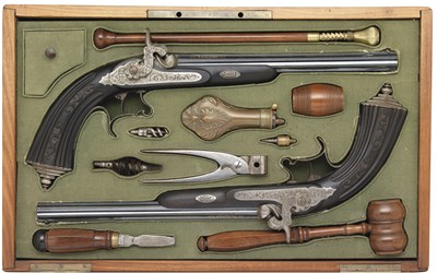 Lot 447 - A CASED PAIR OF 40 BORE CONTINENTAL RIFLED PERCUSSION TARGET PISTOLS BY F. KETTNER IN CÃ–LN