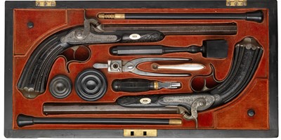 Lot 448 - A CASED PAIR OF 32 BORE FRENCH PERCUSSION RIFLED TARGET PISTOLS BY LAINÃ‰ BTE ARQR DU TIR NATIONAL