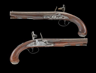 Lot 450 - A PAIR OF 22 BORE SILVER-MOUNTED FLINTLOCK PISTOLS BY BARBAR