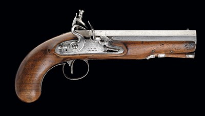 Lot 455 - A .750 CALIBRE FLINTLOCK TRAVELLING PISTOL SIGNED JAMES & REDFERN