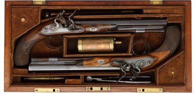 Lot 459 - A CASED PAIR OF 40 BORE FLINTLOCK DUELLING PISTOLS BY JOSEPH MANTON