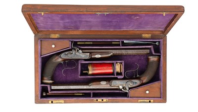Lot 467 - A CASED PAIR OF 28 BORE PERCUSSION DUELLING PISTOLS BY JOHN BLISSET & SON