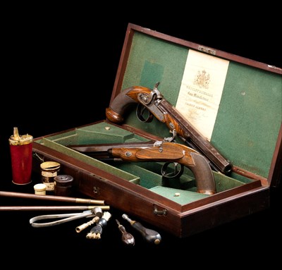 Lot 468 - A FINE CASED PAIR OF 28 BORE PERCUSSION DUELLING PISTOLS BY WESTLEY RICHARDS 170 NEW BOND STREET