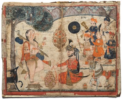 Lot 197 - A RULER PAYS RESPECTS TO SARASWATI, BUNDI OR KOTAH, RAJASTHAN, EARLY 19TH CENTURY