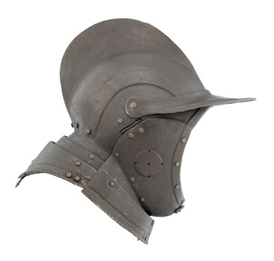 Lot 251 - A SOUTH GERMAN BURGONET WITH EMBOSSED DECORATION IN THE 'BLACK AND WHITE' FASHION