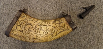 Lot 319 - A GERMAN ENGRAVED COWHORN POWDER-FLASK