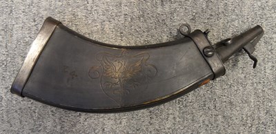 Lot 320 - A GERMAN ENGRAVED COWHORN POWDER-FLASK