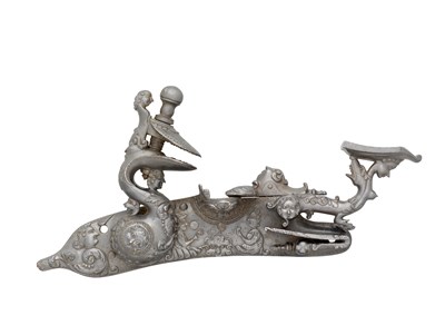Lot 376 - A FINE CENTRAL ITALIAN CHISELLED IRON SNAPHAUNCE MECHANISM BY IL NEGRONI