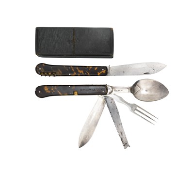 Lot 388 - A FINE SILVER-AND TORTOISESHELL-MOUNTED FOLDING COMBINATION EATING SET