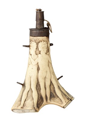 Lot 393 - A GERMAN CARVED STAGHORN POWDER-FLASK