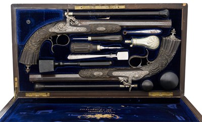 Lot 467 - A CASED PAIR OF 40 BORE PERCUSSION RIFLED TARGET PISTOLS BY GASTINNE RENETTE ARQR DE L' EMPEREUR A PARIS, NO. 941, DATED 1856