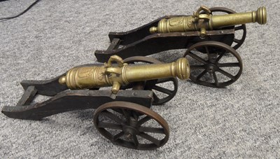 Lot 432 - A PAIR OF BRONZE MINIATURE FIELD GUNS IN 16TH CENTURY STYLE