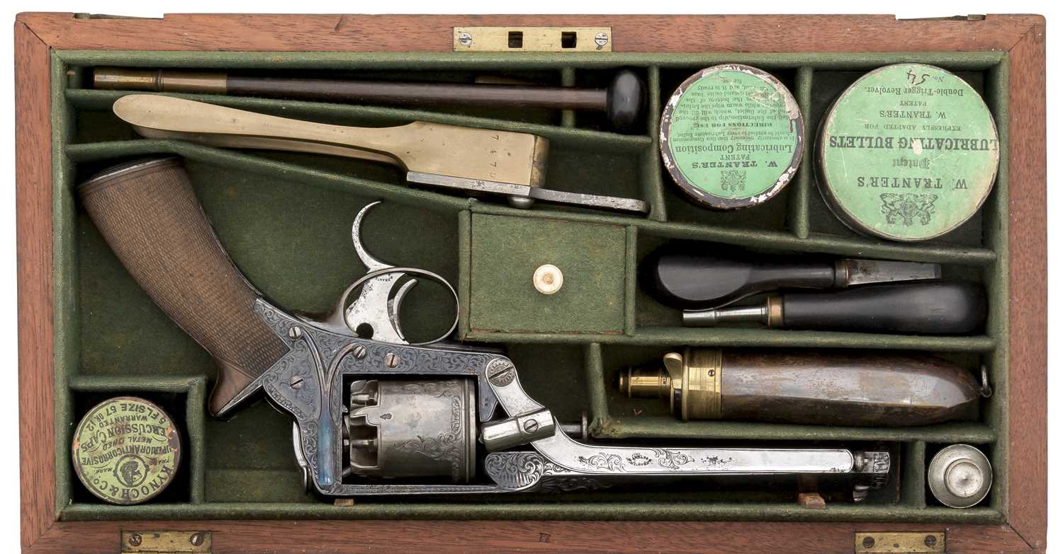 Lot 462 - A FINE CASED 5 SHOT 54 BORE EARLY TRANTER PATENT THIRD MODEL SELF-COCKING PERCUSSION REVOLVER