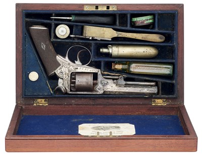 Lot 491 - A CASED 80 BORE FIVE-SHOT PERCUSSION PRIZE REVOLVER BY JAMES WORRAL, FOREGATE ST, CHESTER, PRESENTED BY MRS  J. WORRAL TO THE CHESTER RIFLE VOLUNTEERS, OCTOBER 1ST 1860 AND WON BY MR J. G. CHURTON