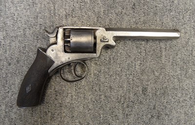 Lot 472 - A 54 BORE FIVE SHOT DOUBLE ACTION PERCUSSION REVOLVER RETAILED BY E. WOODS & SON 76 BOW STREET