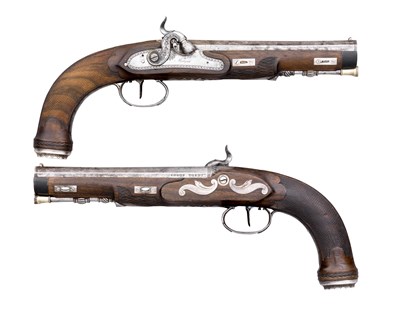 Lot 487 - A PAIR OF 32 BORE SWISS PERCUSSION RIFLED OFFICER'S PISTOLS BY F. SIBER A MORGES