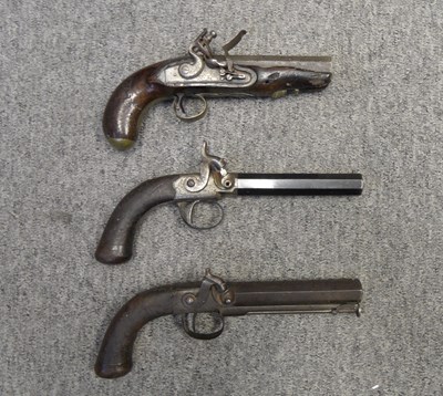 Lot 491 - AN 8 BORE FLINTLOCK TRAVELLING PISTOL