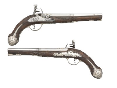 Lot 492 - A PAIR OF 22 BORE BRESCIAN SILVER-MOUNTED FLINTLOCK HOLSTER PISTOLS BY GIOVANNI BATTISTA ZUGNO