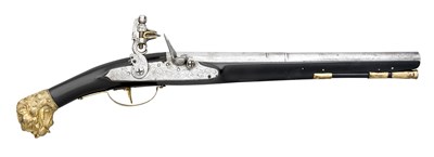Lot 496 - A 25 BORE FLINTLOCK LONG HOLSTER PISTOL