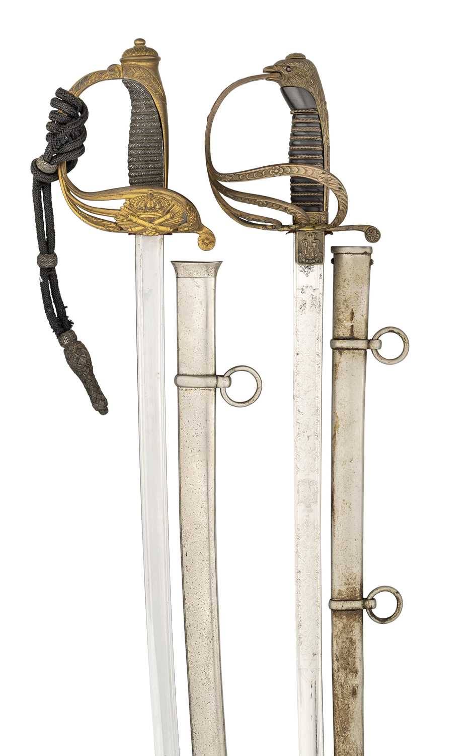 Lot 281 - A SPANISH MODEL 1862 ARTILLERY SWORD AND A ROMANIAN OFFICER'S SWORD