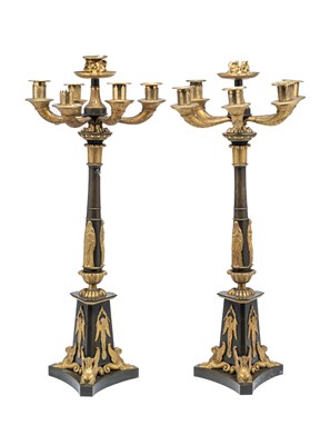 Lot 88 - A PAIR OF FRENCH EMPIRE ORMOLU AND PATINATED BRONZE CANDELABRA