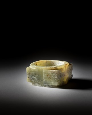 Lot 50 - A CHINESE MOTTLED GREEN JADE CONG, NEOLITHIC PERIOD, LIANGZHU CULTURE (3300-2300 BC)