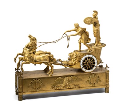 Lot 100 - A FRENCH EMPIRE ORMOLU FIGURAL MANTEL CLOCK