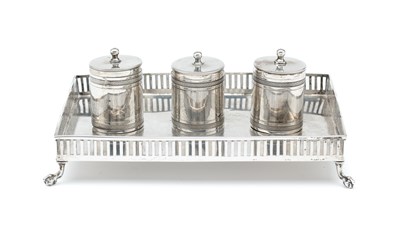 Lot 126 - AN ITALIAN SILVER INKSTAND AND THREE BOTTLES