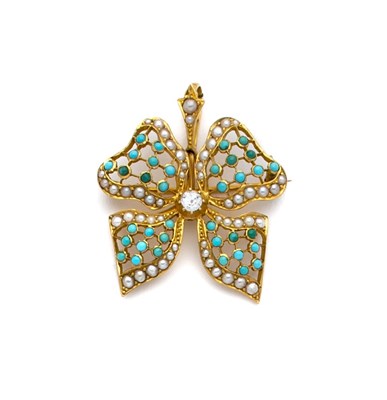 Lot 294 - PEARL, TURQUOISE AND DIAMOND BROOCH / PENDANT