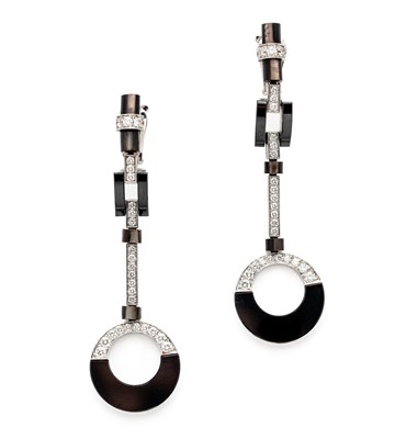 Lot 301 - A PAIR OF ONYX, MOTHER-OF-PEARL AND DIAMOND PENDENT EARRINGS