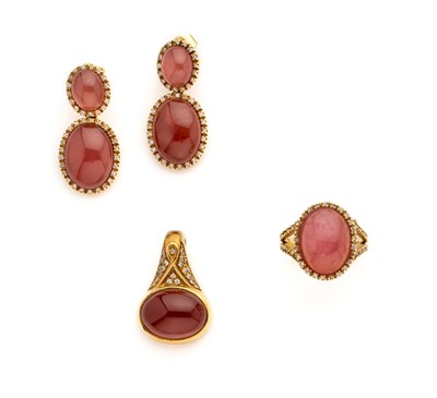 Lot 310 - CARNELIAN AND DIAMOND PAIR OF EAR PENDANTS AND ENHANCER