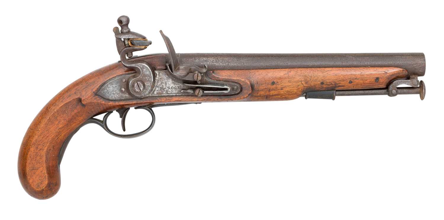 Lot 414 - A .650 CALIBRE FLINTLOCK PISTOL OF DRAGOON TYPE, BY H NOCK, TOWER PRIVATE PROOF MARKS, CIRCA 1800