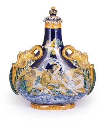 Lot 20 - AN ITALIAN MAIOLICA TWO-HANDLED FLASK AND STOPPER