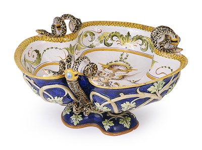 Lot 21 - AN ITALIAN MAIOLICA THREE-HANDLED FOOTED BOWL