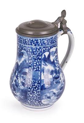 Lot 57 - AN ARITA PEWTER-LIDDED BLUE AND WHITE TANKARD