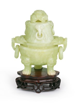 Lot 69 - A CHINESE HARDSTONE TRIPOD INCENSE BURNER AND HIGH PIERCED COVER