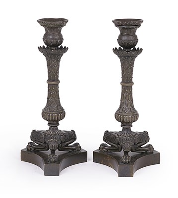 Lot 81 - A PAIR OF FRENCH BRONZE CANDLESTICKS