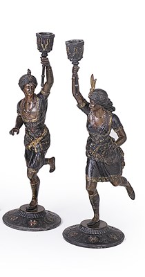 Lot 82 - A PAIR OF FRENCH GILT AND BRONZED PATINATED SPELTER FIGURAL CANDLESTICKS