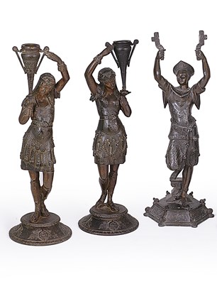 Lot 83 - A PAIR OF FRENCH BRONZED PATINATED SPELTER FIGURAL CANDLESTICKS