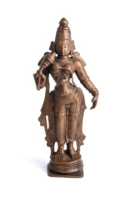 Lot 568 - A BRONZE FIGURE OF SRIDEVI, TAMIL NADU, SOUTH INDIA, CIRCA 18TH CENTURY