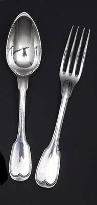 Lot 114 - TWELVE FRENCH SILVER TABLE FORKS AND EIGHT TABLESPOONS